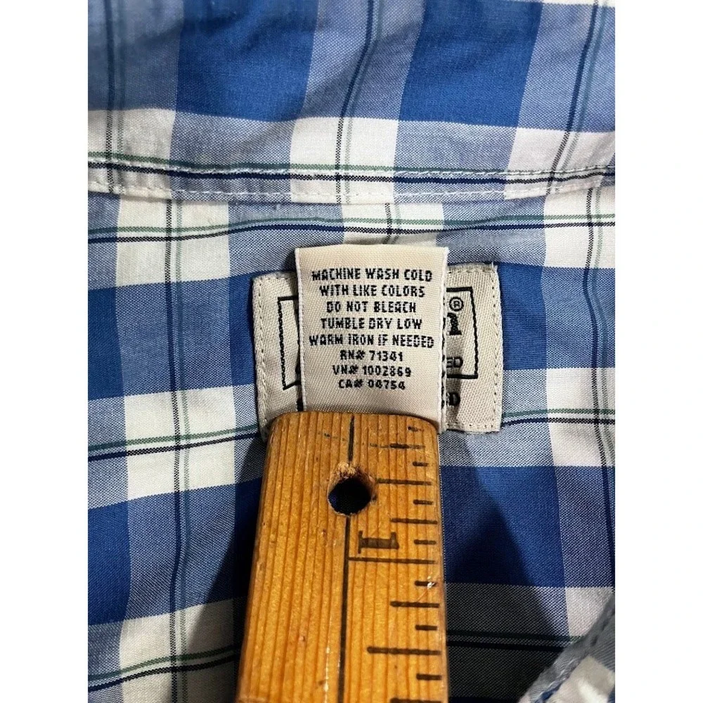 LL Bean Mens Blue White Plaid CoolMax Slightly Fitted Button Down Shirt L-Reg